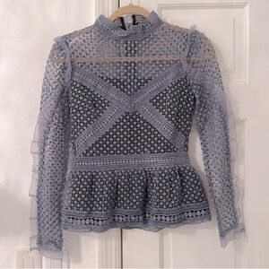 Ina Sheer Lace Crochet Ruffle Blouse Blue